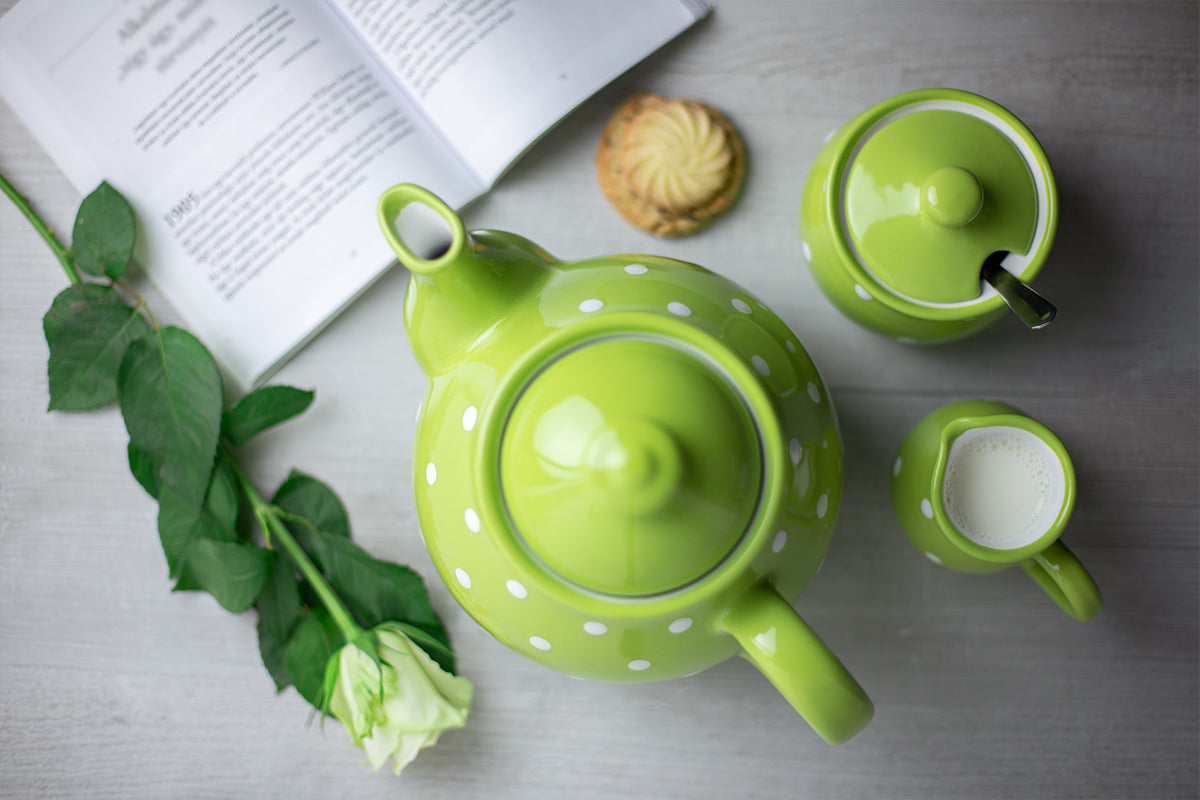 Lime Green And White Polka Dot Spotty Handmade Hand Painted Ceramic Large Teapot Milk Jug Sugar Bowl Set