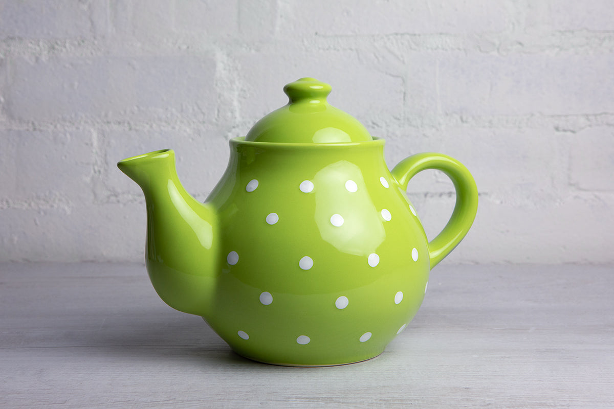 Lime Green And White Polka Dot Spotty Large Handmade Hand Painted Ceramic Teapot with Handle 60 oz / 1.7 l