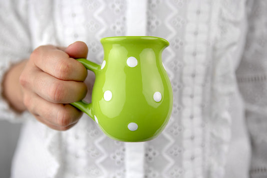 Lime Green And White Polka Dot Spotty Handmade Hand Painted Ceramic Milk Jug