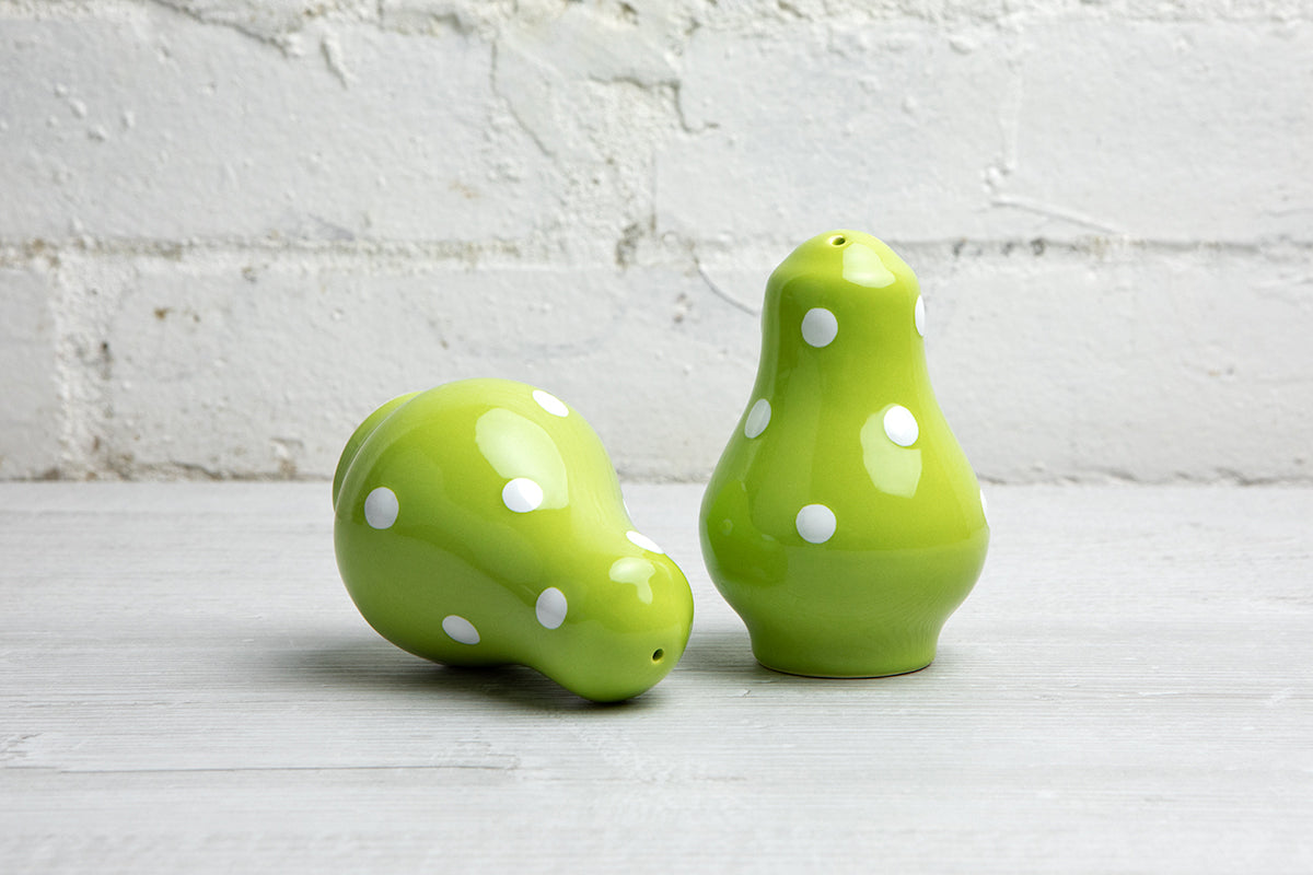 Lime Green and White Polka Dot Spotty Handmade Hand Painted Ceramic Salt and Pepper Shaker Pot