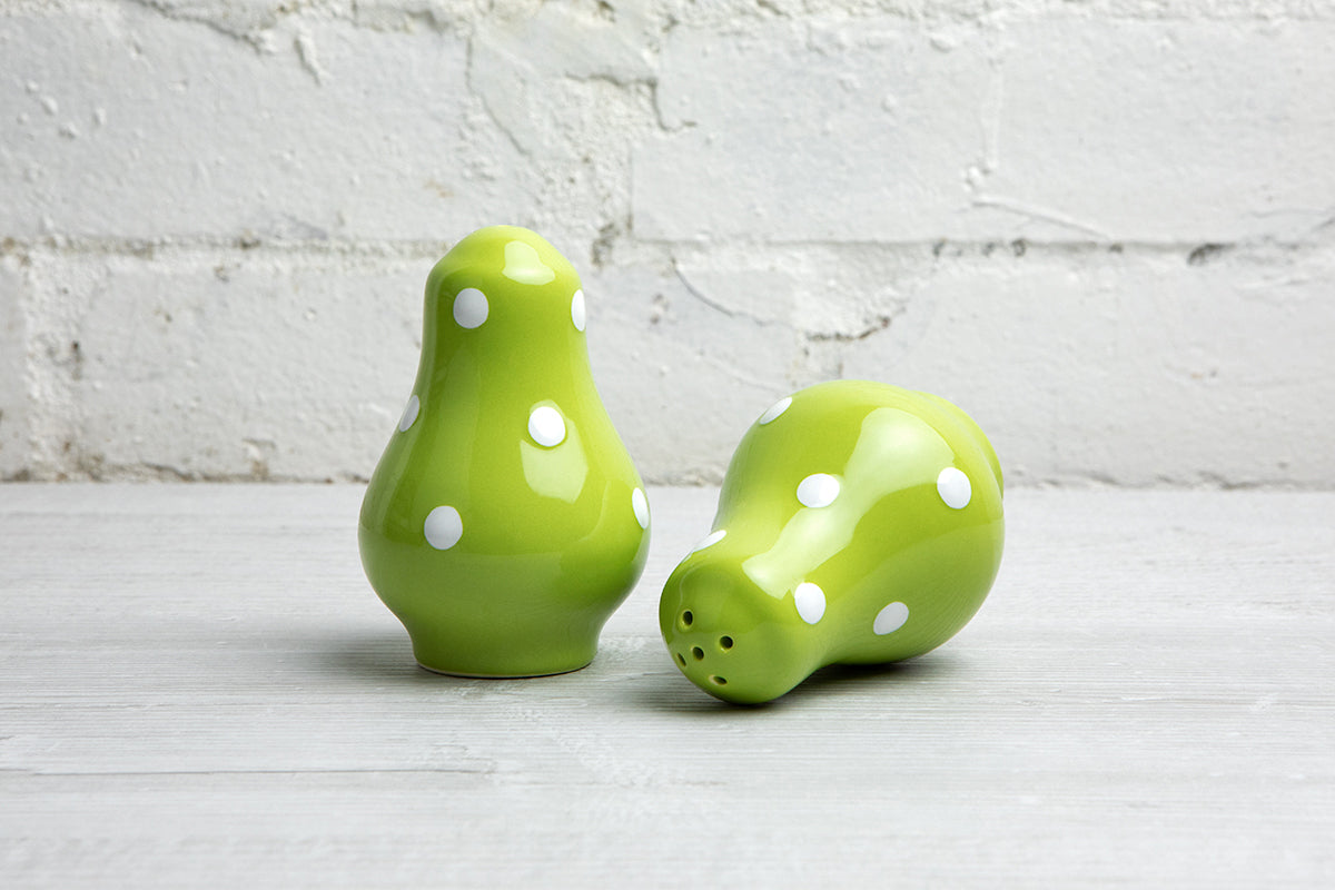 Lime Green and White Polka Dot Spotty Handmade Hand Painted Ceramic Salt and Pepper Shaker Pot