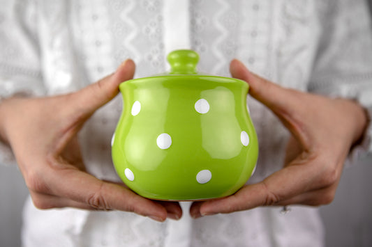 Lime Green And White Polka Dot Spotty Handmade Hand Painted Ceramic Sugar Bowl With Lid