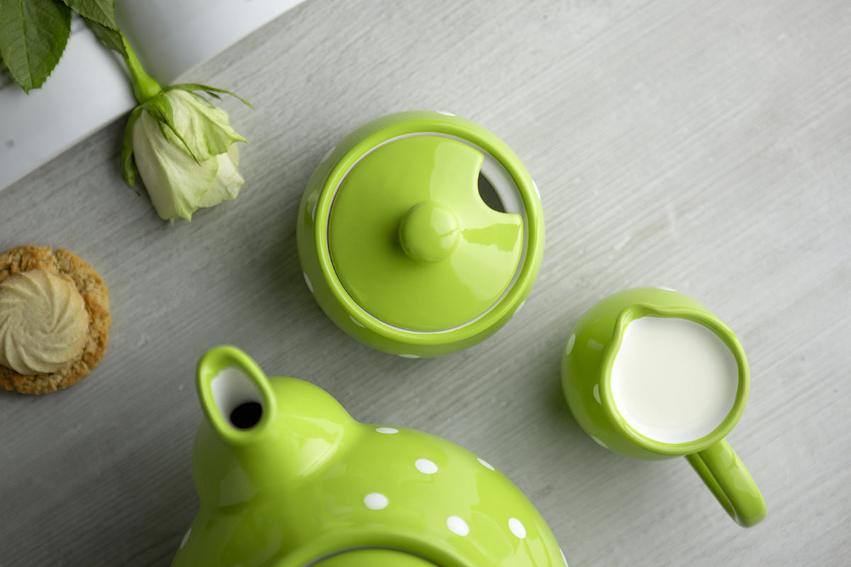Lime Green And White Polka Dot Spotty Handmade Hand Painted Ceramic Sugar Bowl With Lid
