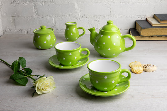Lime Green and White Polka Dot Pottery Handmade Hand Painted Ceramic Teapot Milk Jug Sugar Bowl Set With Two Cups and Saucers