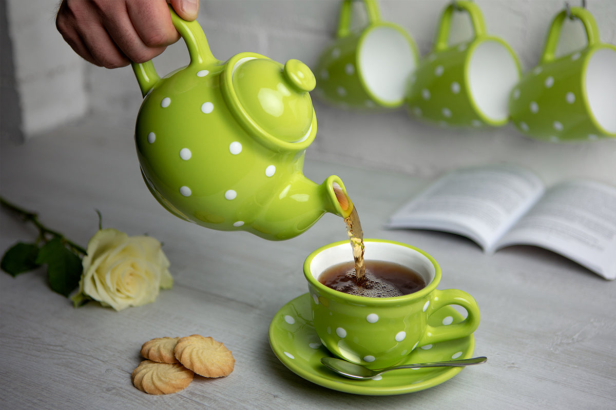 Lime Green and White Polka Dot Pottery Handmade Hand Painted Ceramic Teapot Milk Jug Sugar Bowl Set With Two Cups and Saucers