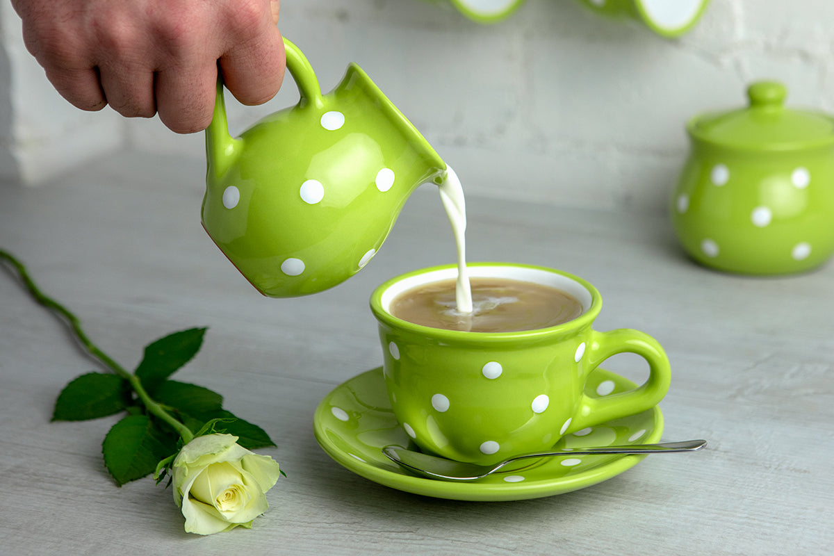 Lime Green and White Polka Dot Pottery Handmade Hand Painted Ceramic Teapot Milk Jug Sugar Bowl Set With Two Cups and Saucers