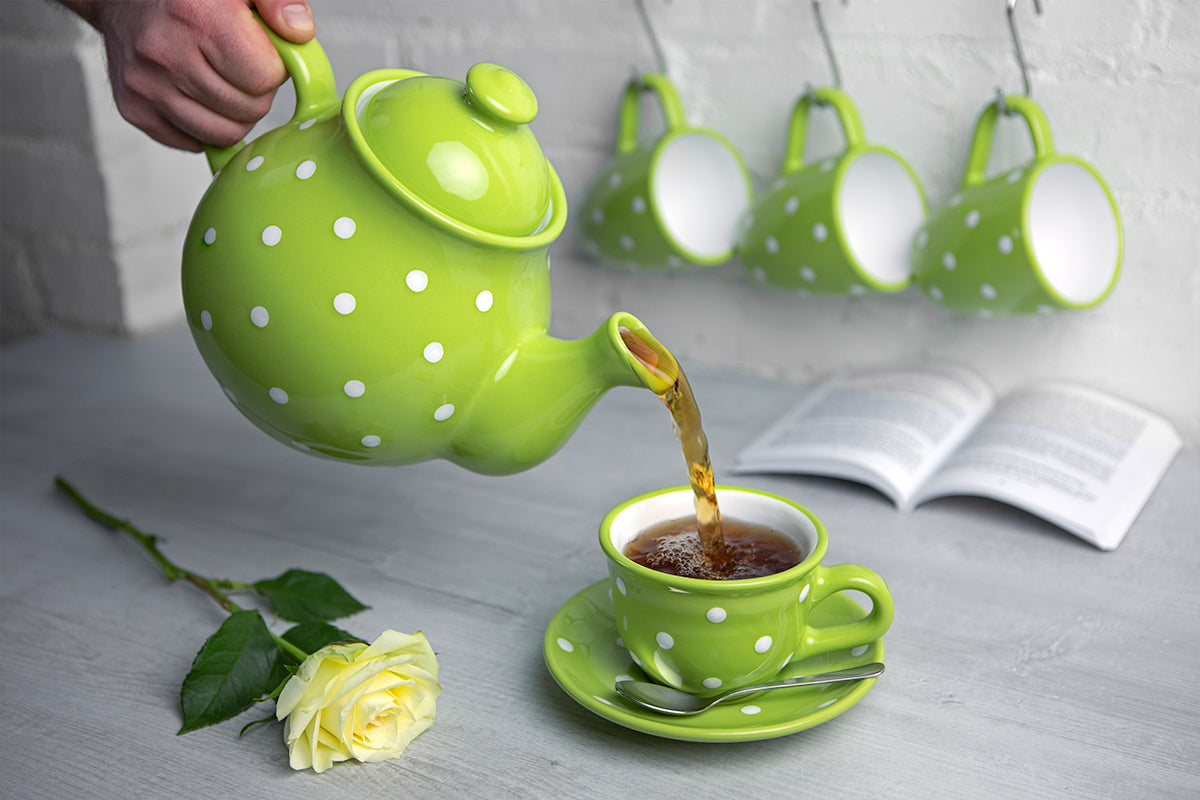 Lime Green and White Polka Dot Spotty Handmade Hand Painted Ceramic Large Teapot Milk Jug Sugar Bowl Set With 4 Cups and Saucers