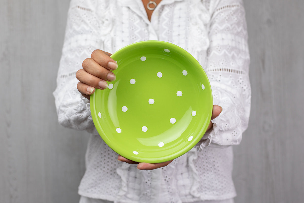 Lime Green and White Polka Dot Spotty Handmade Hand Painted Ceramic Salad Pasta Fruit Cereal Soup Bowl