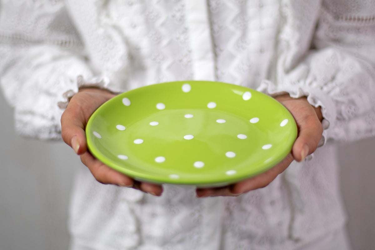 Lime Green and White Polka Dot Spotty Handmade Hand Painted Glazed Ceramic Side Dessert Plate