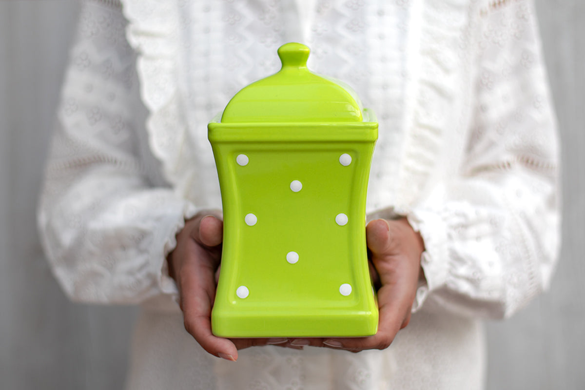 Lime Green and White Polka Dot Spotty Handmade Hand Painted Large Ceramic Kitchen Storage Jar