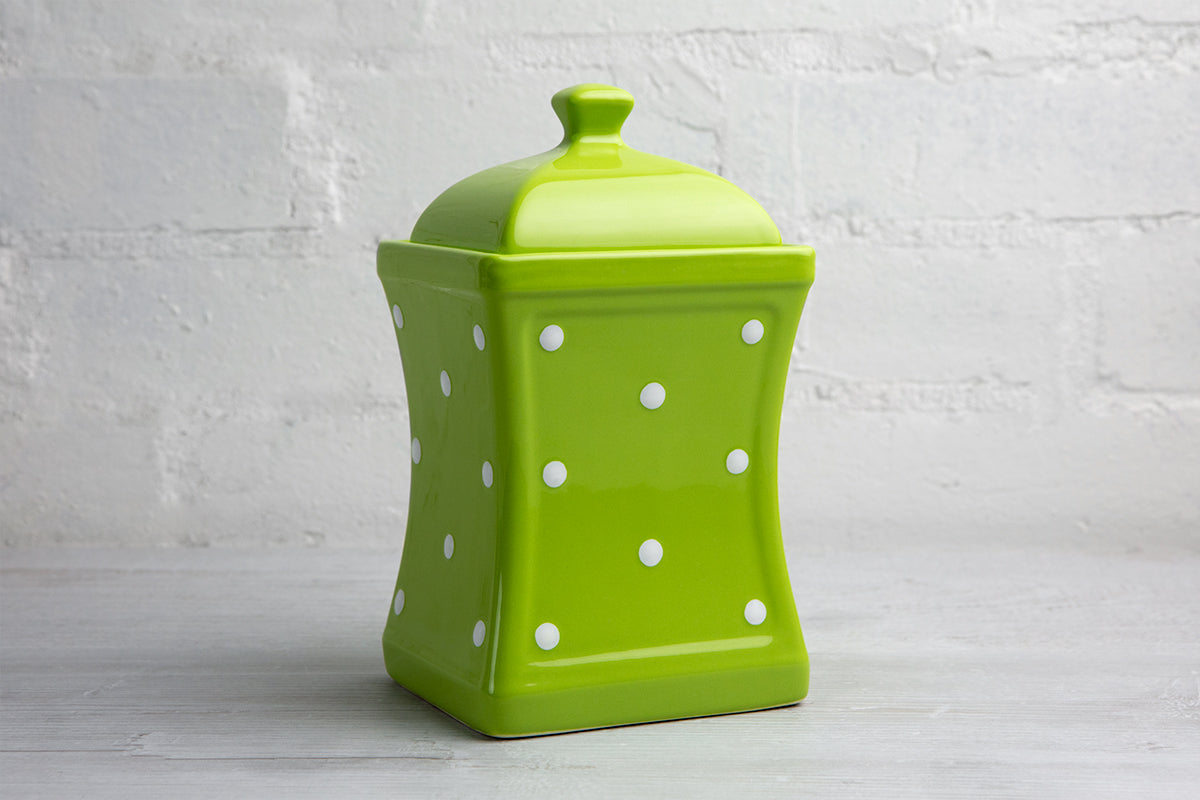 Lime Green and White Polka Dot Spotty Handmade Hand Painted Large Ceramic Kitchen Storage Jar