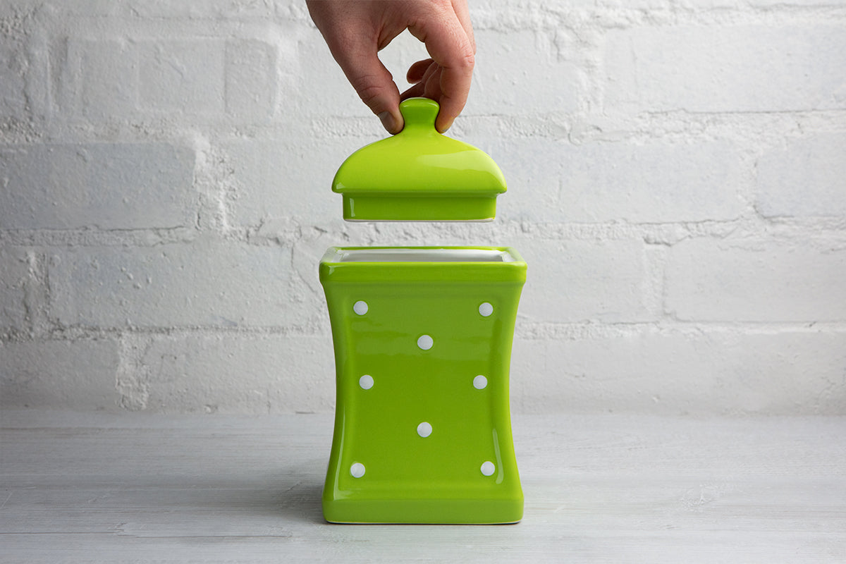 Lime Green and White Polka Dot Spotty Handmade Hand Painted Large Ceramic Kitchen Storage Jar