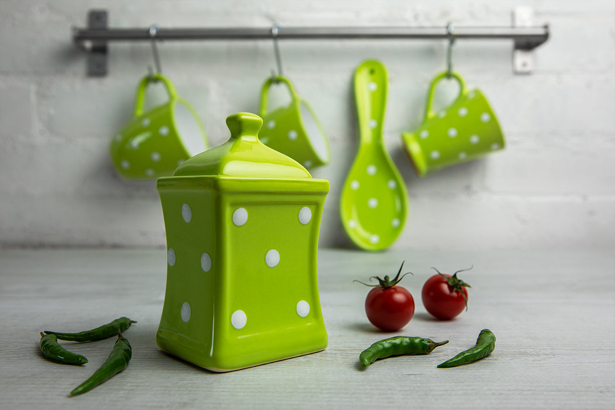 Lime Green And White Polka Dot Spotty Handmade Hand Painted Small Ceramic Kitchen Herb Spice Storage Jar with Lid