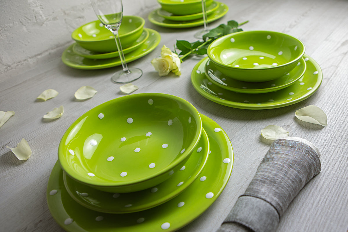 Lime Green and White Polka Dot Spotty Handmade Hand Painted Ceramic 12 piece Dinnerware Service for 4