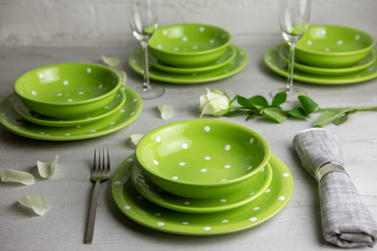 Lime Green and White Polka Dot Spotty Handmade Hand Painted Ceramic 12 piece Dinnerware Service for 4