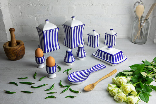 Dark Navy Blue Striped Handmade Hand Painted Ceramic Kitchen Serving Storage Set of 10