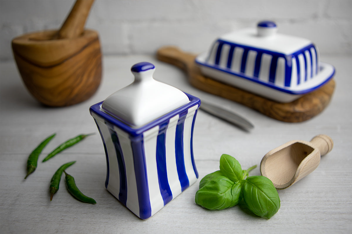 Dark Navy Blue Striped Handmade Hand Painted Ceramic Kitchen Serving Storage Set of 10