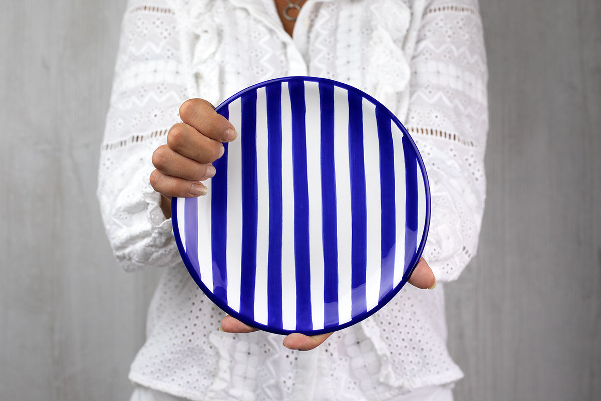 Dark Navy Blue Striped Handmade Hand Painted Glazed Ceramic Side Dessert Plate