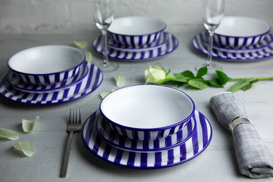 Dark Navy Blue Striped Handmade Hand Painted Ceramic 12 piece Dinnerware Service for 4