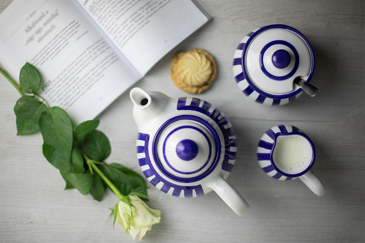 Dark Navy Blue Stripe Pottery Handmade Hand Painted Ceramic Teapot Milk Jug Sugar Bowl Set