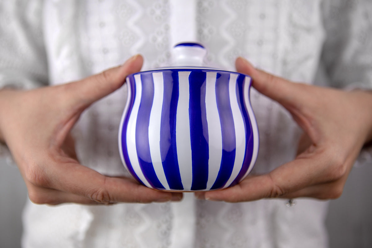 Dark Navy Blue Stripe Pottery Handmade Hand Painted Ceramic Teapot Milk Jug Sugar Bowl Set