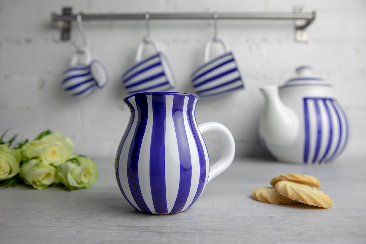 Dark Navy Blue Stripe Pottery Handmade Hand Painted Ceramic Teapot Milk Jug Sugar Bowl Set