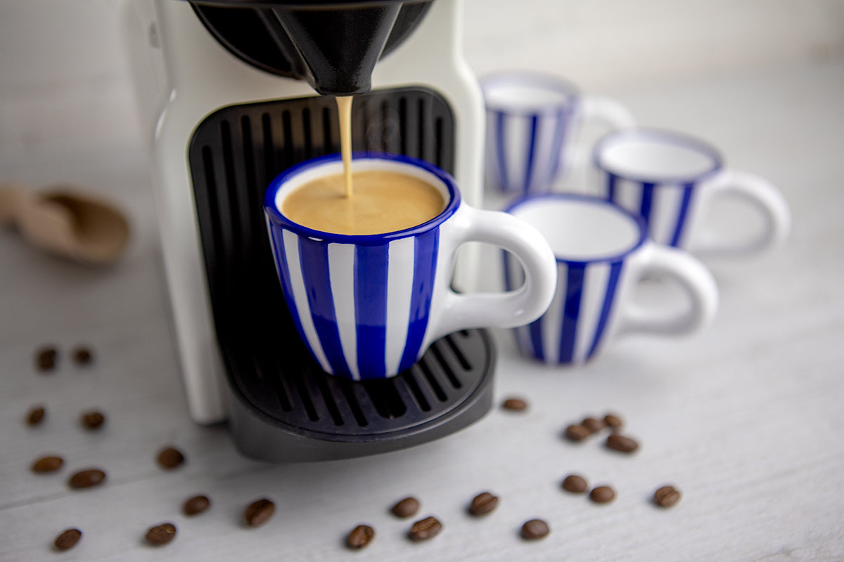 Dark Navy Blue Striped Designer Handmade Hand Painted Unique Ceramic 2oz-60ml Espresso Coffee Cup Set of 4