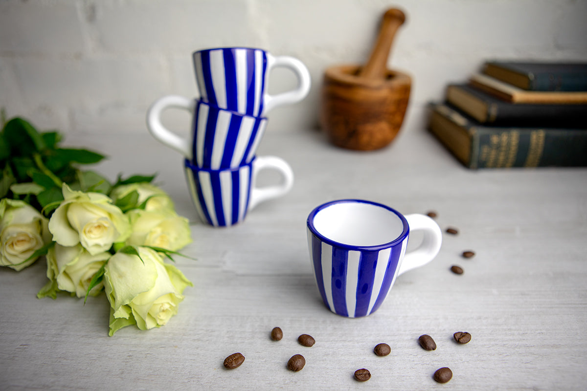 Dark Navy Blue Striped Designer Handmade Hand Painted Unique Ceramic 2oz-60ml Espresso Coffee Cup Set of 4