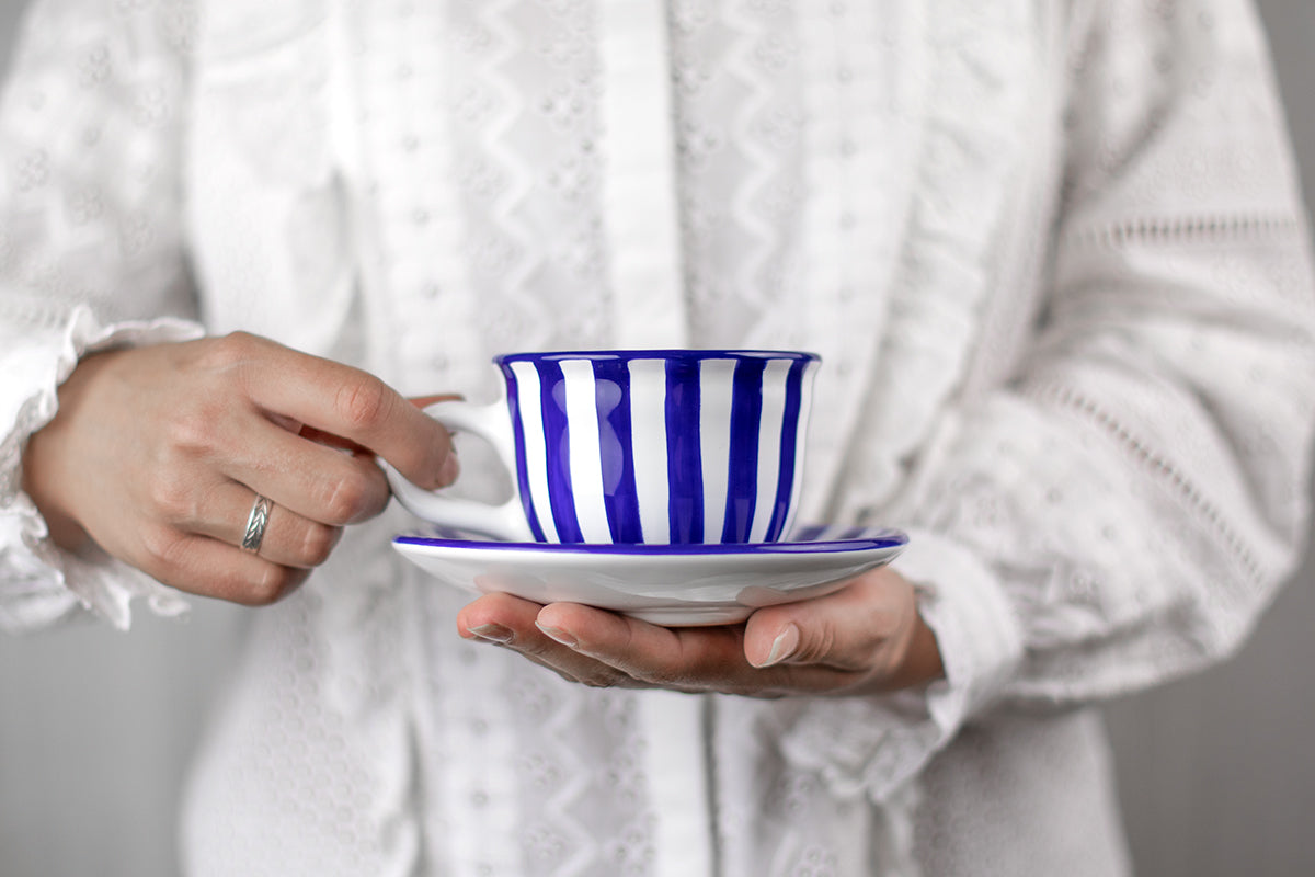 Dark Navy Blue Striped Designer Handmade Hand Painted Ceramic 9oz-250ml Cappuccino Coffee Tea Cup with Saucer