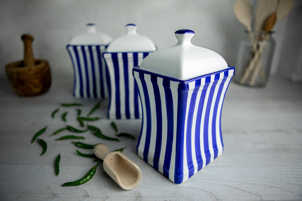 Dark Navy Blue Stripe Pottery Handmade Hand Painted Large Ceramic Kitchen Storage Jar Set Canister Set - Same Size Jars