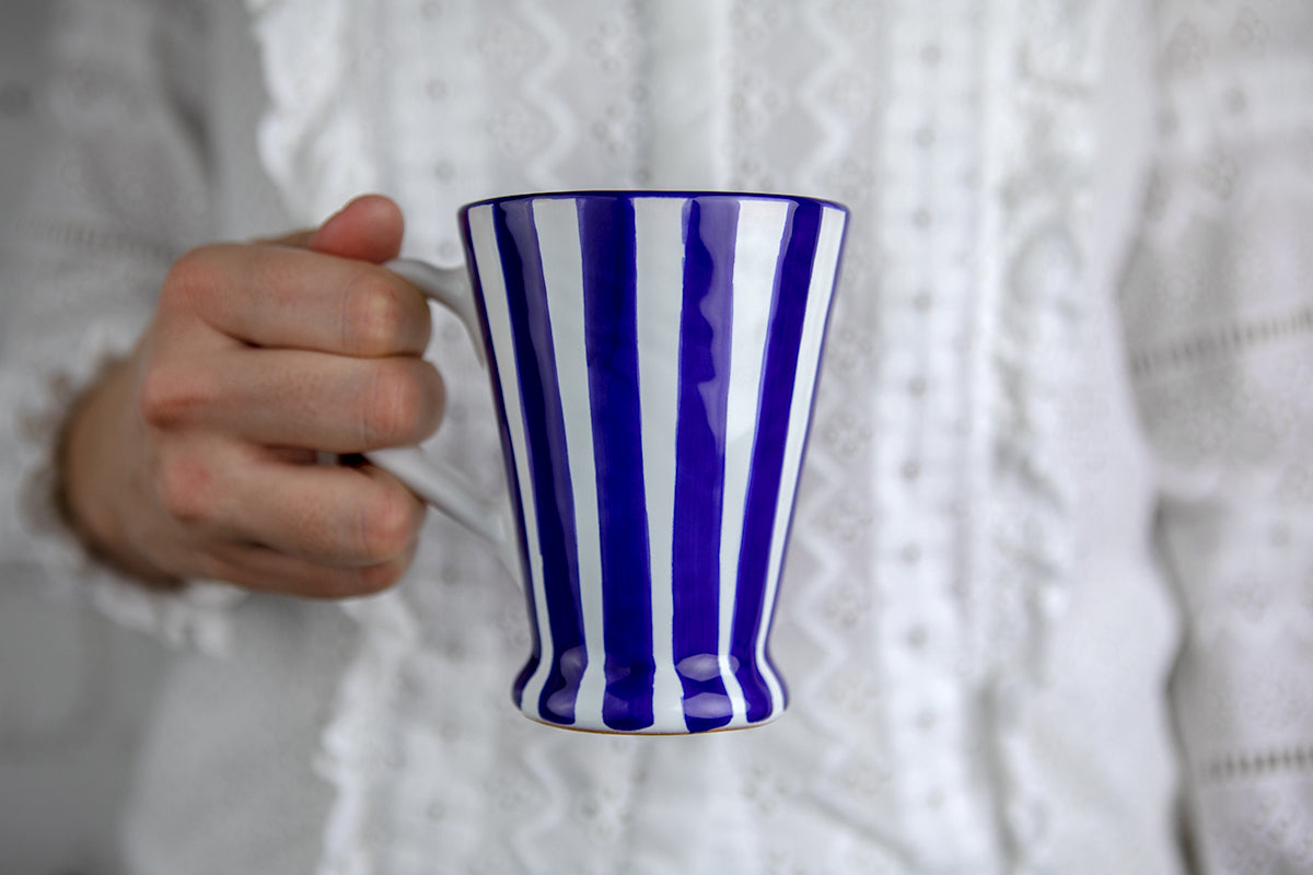 Dark Navy Blue Striped Handmade Hand Painted Ceramic Coffee Tea Latte Mug with Large Handle 8 oz - 220 ml