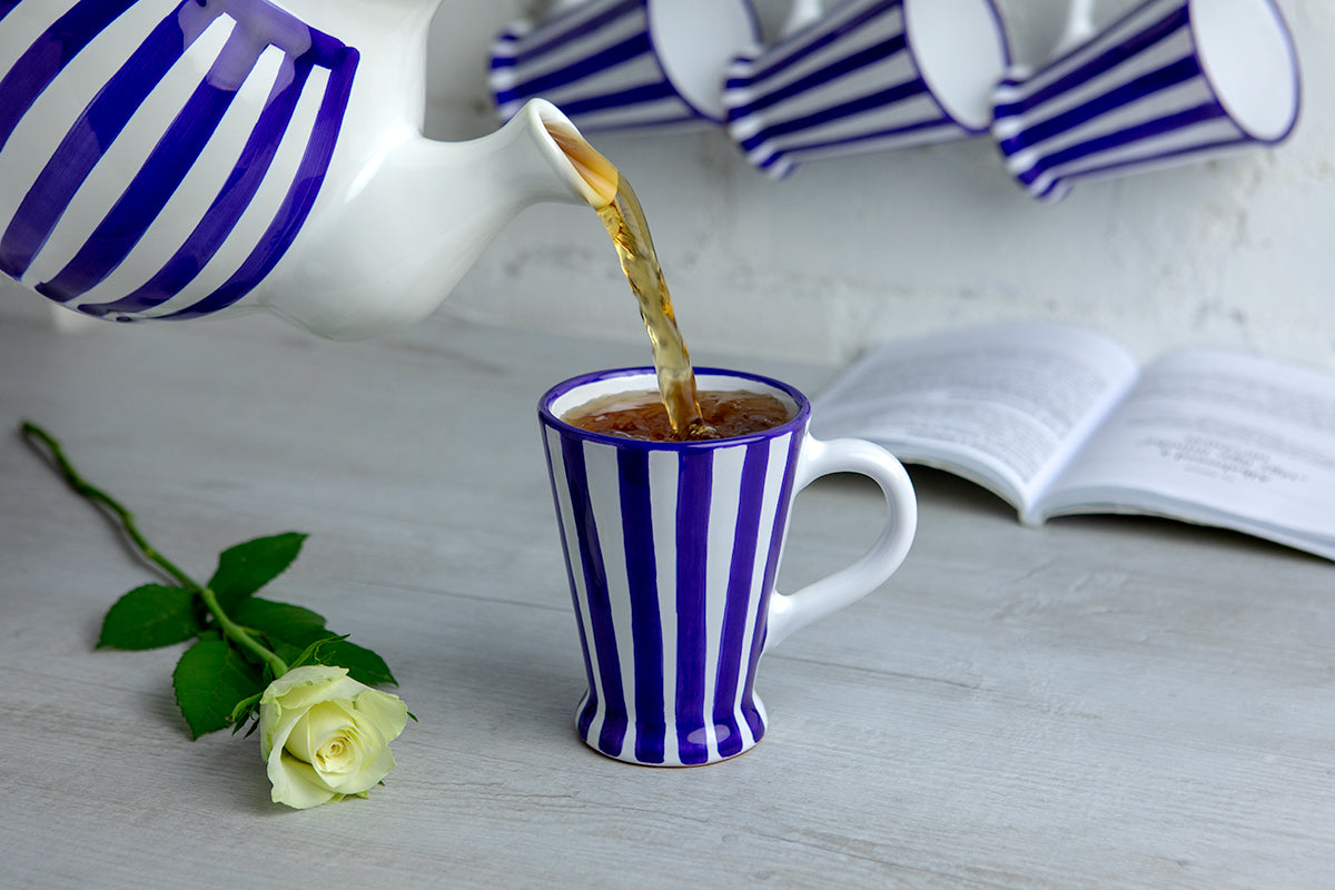 Dark Navy Blue Striped Handmade Hand Painted Ceramic Coffee Tea Latte Mug with Large Handle 8 oz - 220 ml