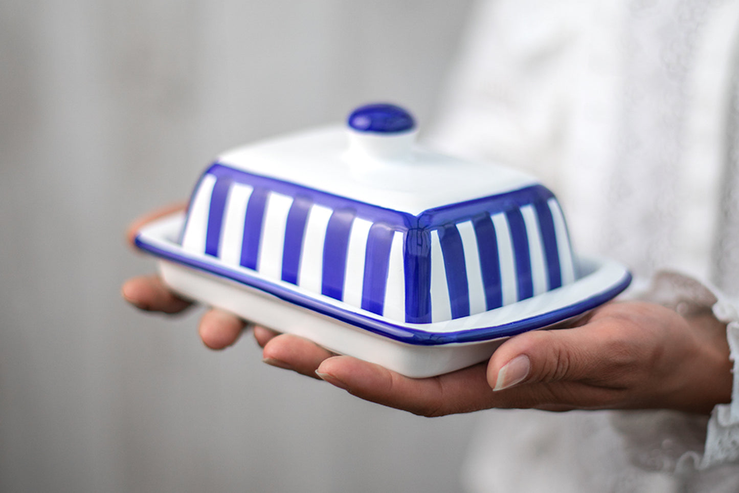 Dark Navy Blue Striped Handmade Hand Painted Ceramic Butter Dish With Lid