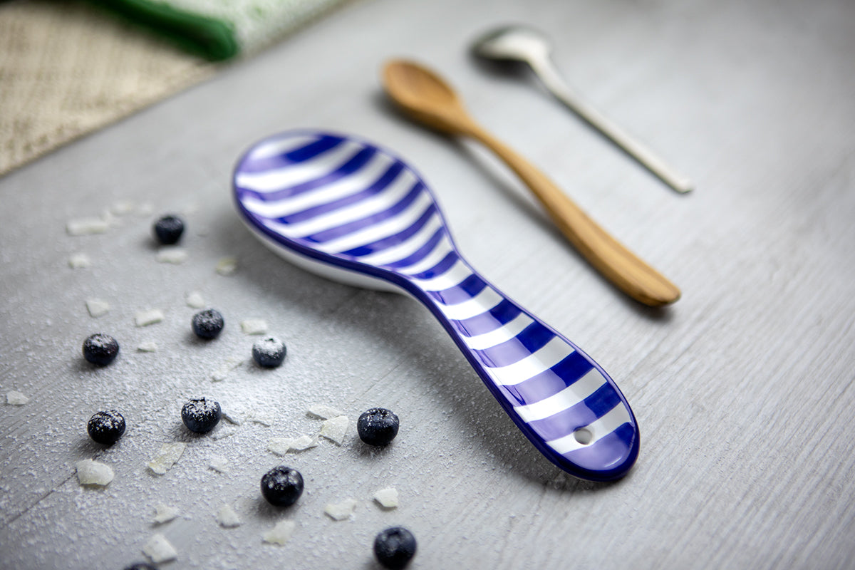 Dark Navy Blue Striped Handmade Hand Painted Ceramic Kitchen Cooking Spoon Rest