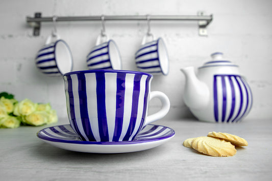 Dark Navy Blue Striped Handmade Hand Painted Large Unique Ceramic 12oz-350ml Cappuccino Coffee Tea Cup with Saucer