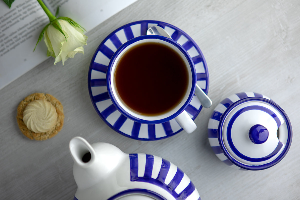 Dark Navy Blue Striped Handmade Hand Painted Large Unique Ceramic 12oz-350ml Cappuccino Coffee Tea Cup with Saucer
