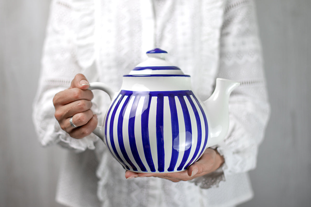 Dark Navy Blue Striped Handmade Hand Painted Ceramic Large Teapot Milk Jug Sugar Bowl Set