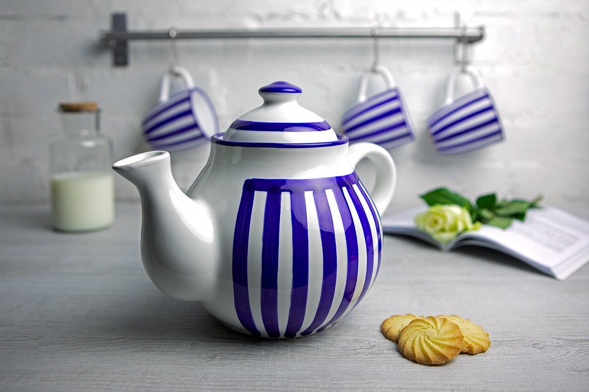 Dark Navy Blue Striped Handmade Hand Painted Ceramic Large Teapot Milk Jug Sugar Bowl Set