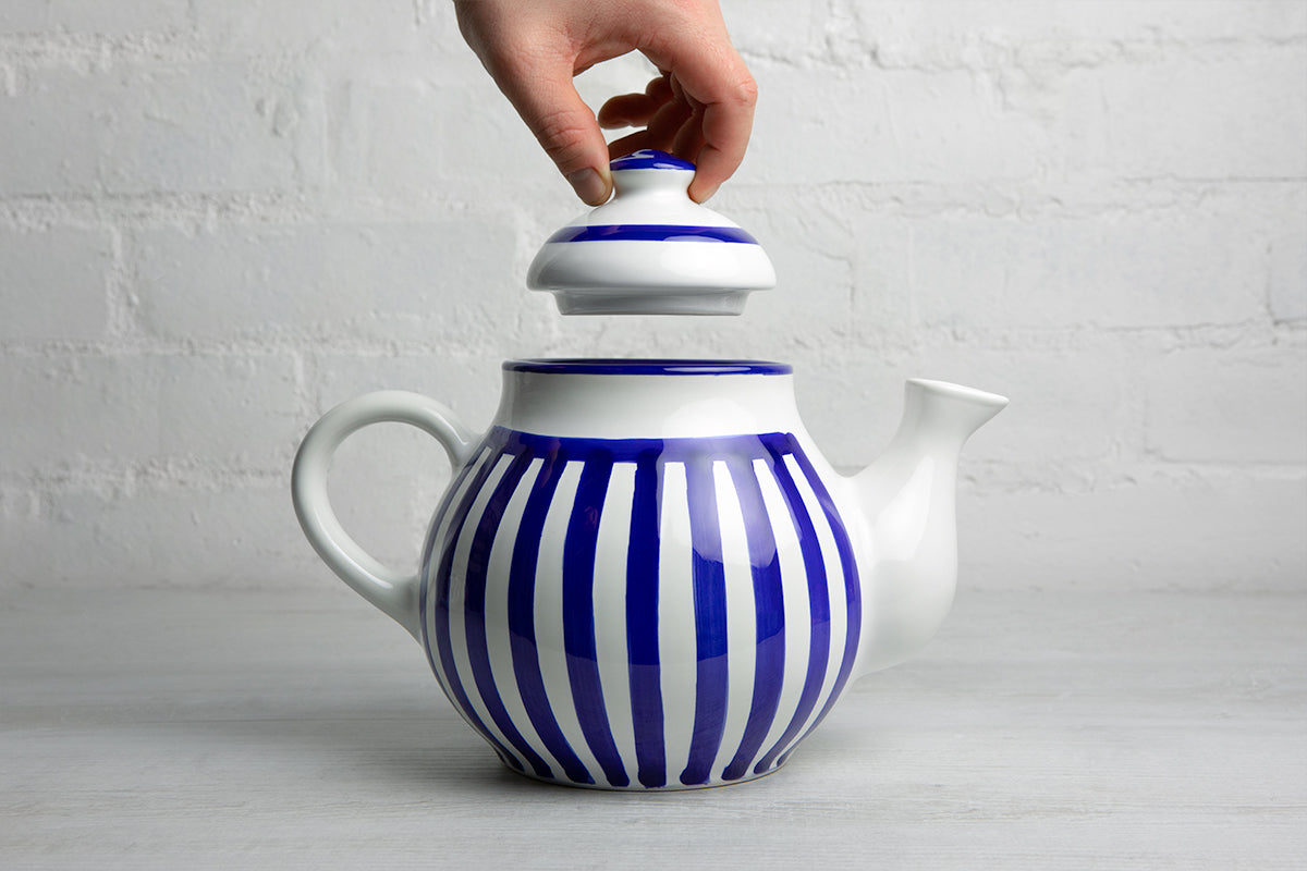 Dark Navy Blue Stripe Large Handmade Hand Painted Ceramic Teapot with Handle 60 oz / 1.7 l