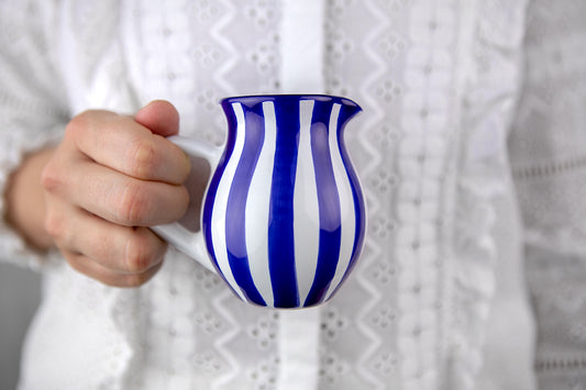 Dark Navy Blue Striped Handmade Hand Painted Ceramic Milk Jug