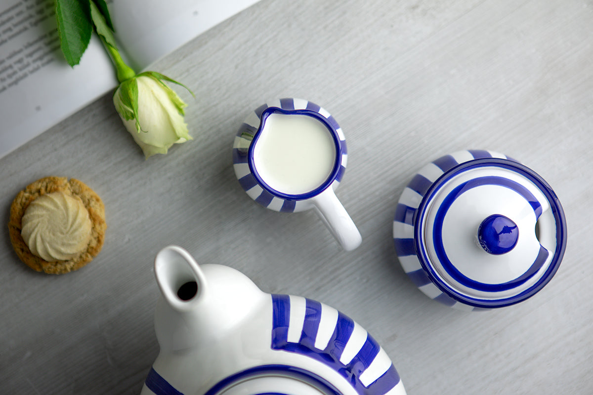 Dark Navy Blue Striped Handmade Hand Painted Ceramic Milk Jug