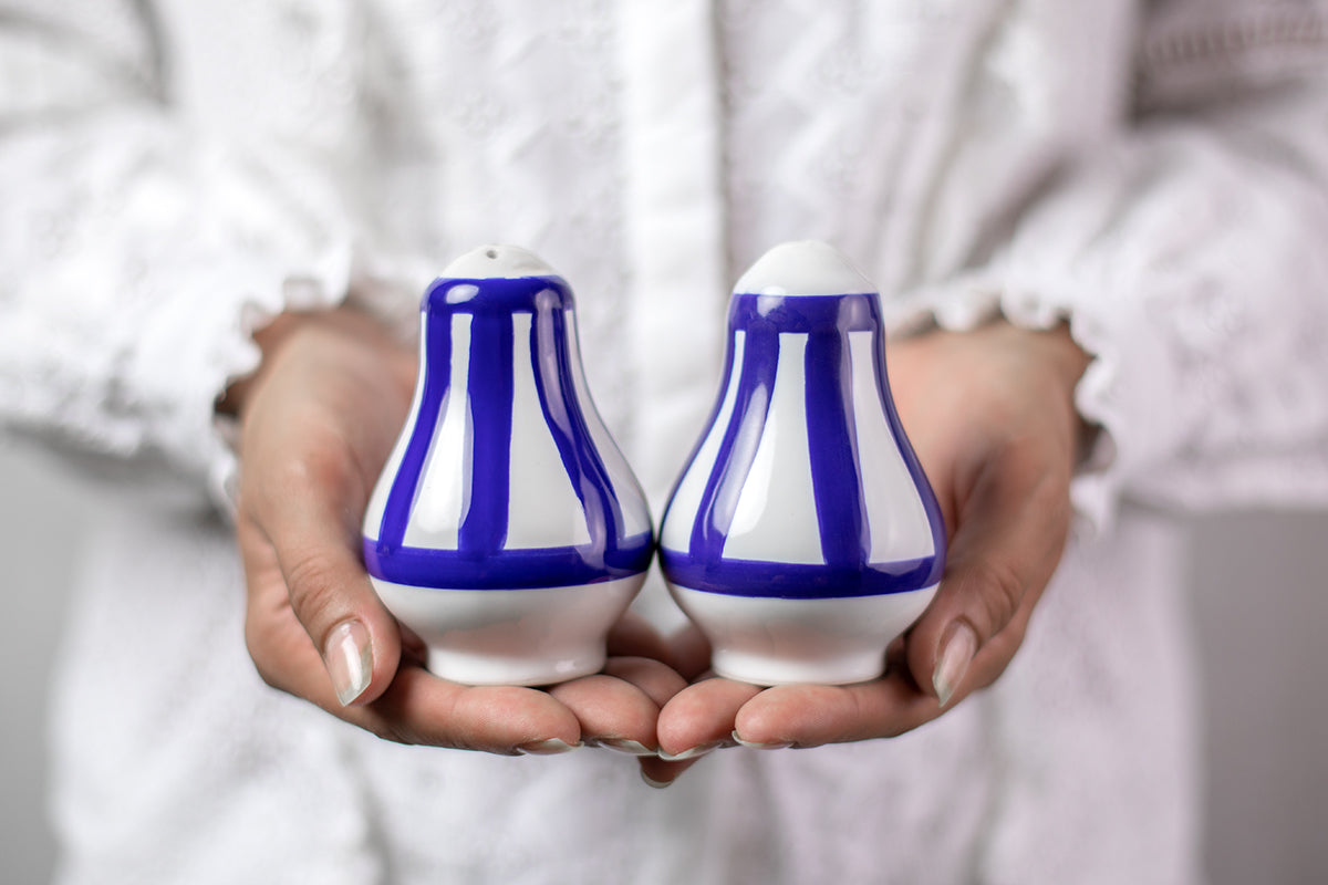 Dark Navy Blue Striped Handmade Hand Painted Ceramic Salt and Pepper Shaker Pot