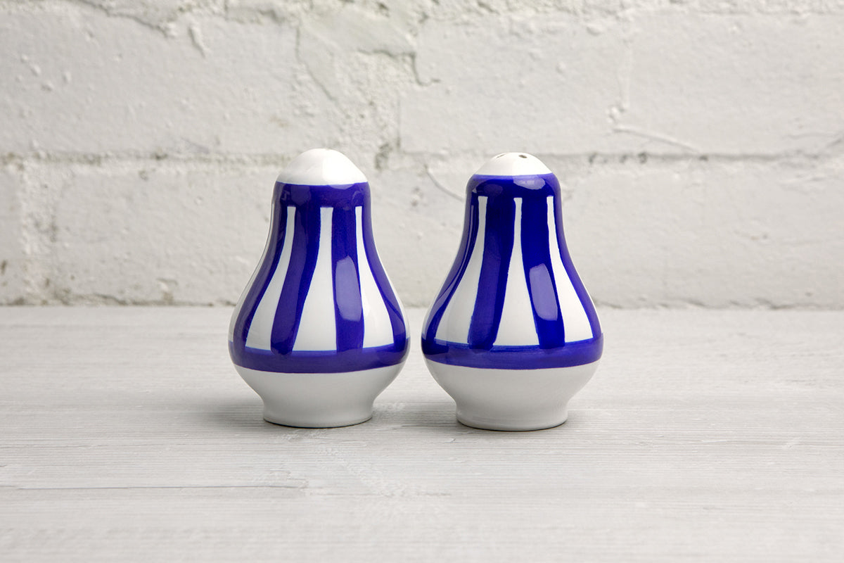 Dark Navy Blue Striped Handmade Hand Painted Ceramic Salt and Pepper Shaker Pot