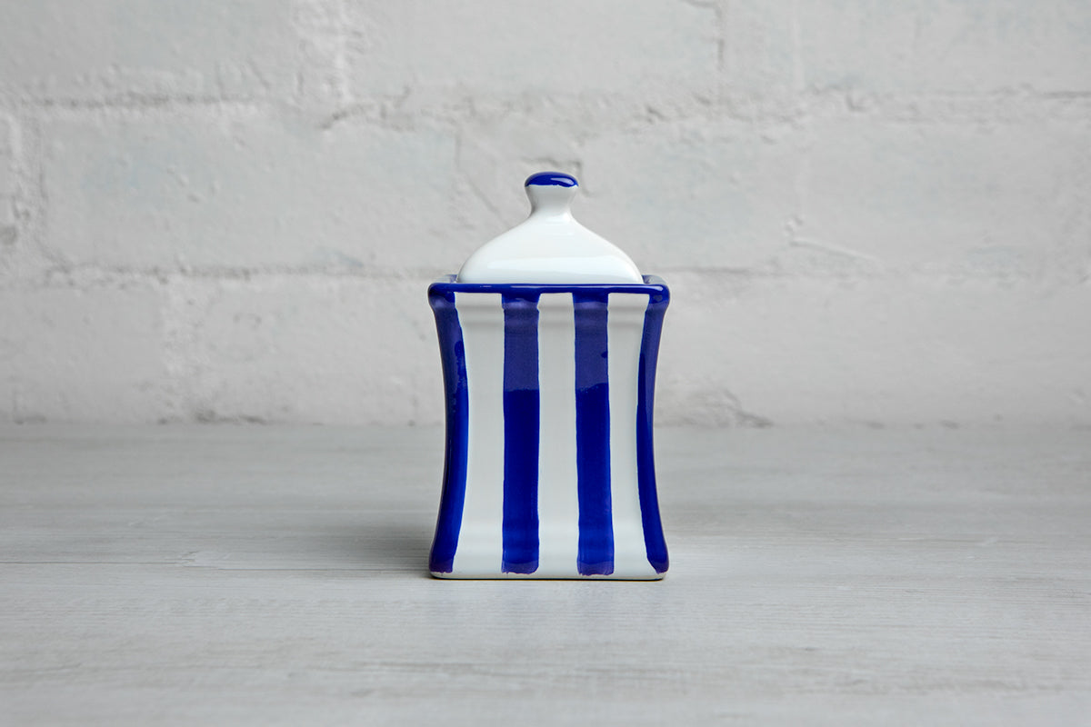Dark Navy Blue Stripe Pottery Handmade Hand Painted Small Ceramic Kitchen Herb Spice Jars Canister Set - Same Size Jars