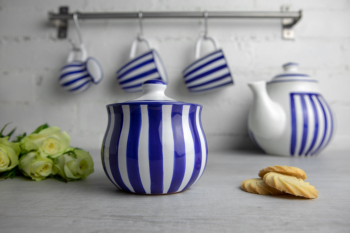 Dark Navy Blue Striped Handmade Hand Painted Ceramic Sugar Bowl With Lid