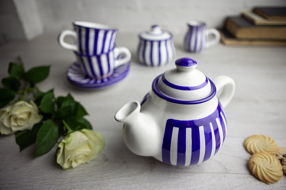 Dark Navy Blue Stripe Pottery Handmade Hand Painted Ceramic Teapot Milk Jug Sugar Bowl Set With Two Cups and Saucers