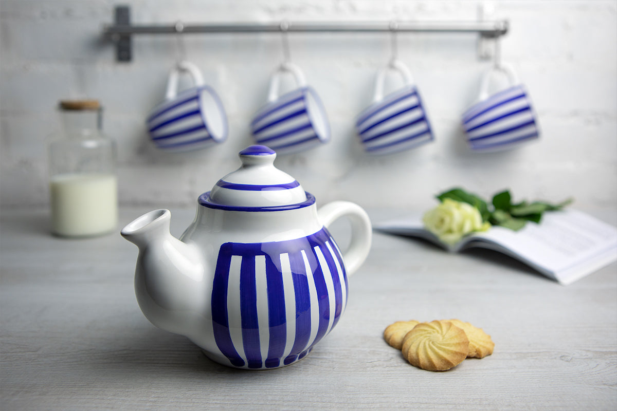 Dark Navy Blue Stripe Pottery Handmade Hand Painted Ceramic Teapot Milk Jug Sugar Bowl Set With Two Cups and Saucers