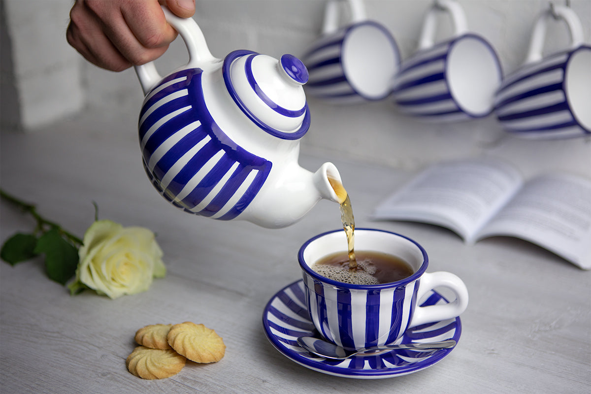 Dark Navy Blue Stripe Pottery Handmade Hand Painted Ceramic Teapot Milk Jug Sugar Bowl Set With Two Cups and Saucers