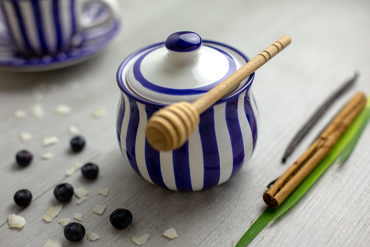 Dark Navy Blue Striped Handmade Hand Painted Ceramic Large Teapot Milk Jug Sugar Bowl Set With 4 Cups and Saucers