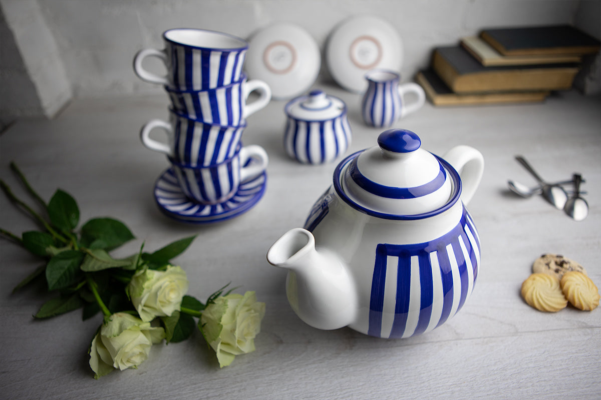 Dark Navy Blue Striped Handmade Hand Painted Ceramic Large Teapot Milk Jug Sugar Bowl Set With 4 Cups and Saucers